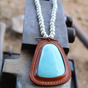 Leather Bezel Turquoise Stone on Pearls